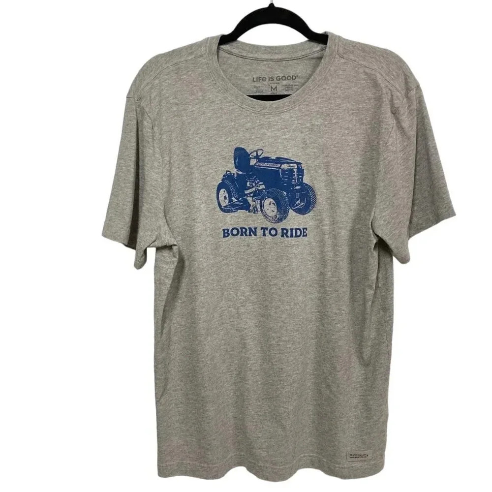 Life is Good Crusher Men's Gray T-Shirt Blue Tractor Born to Ride, Medium